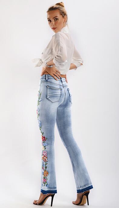 SZ60206 Flower Embroidery Denim Flared Pants in Blue